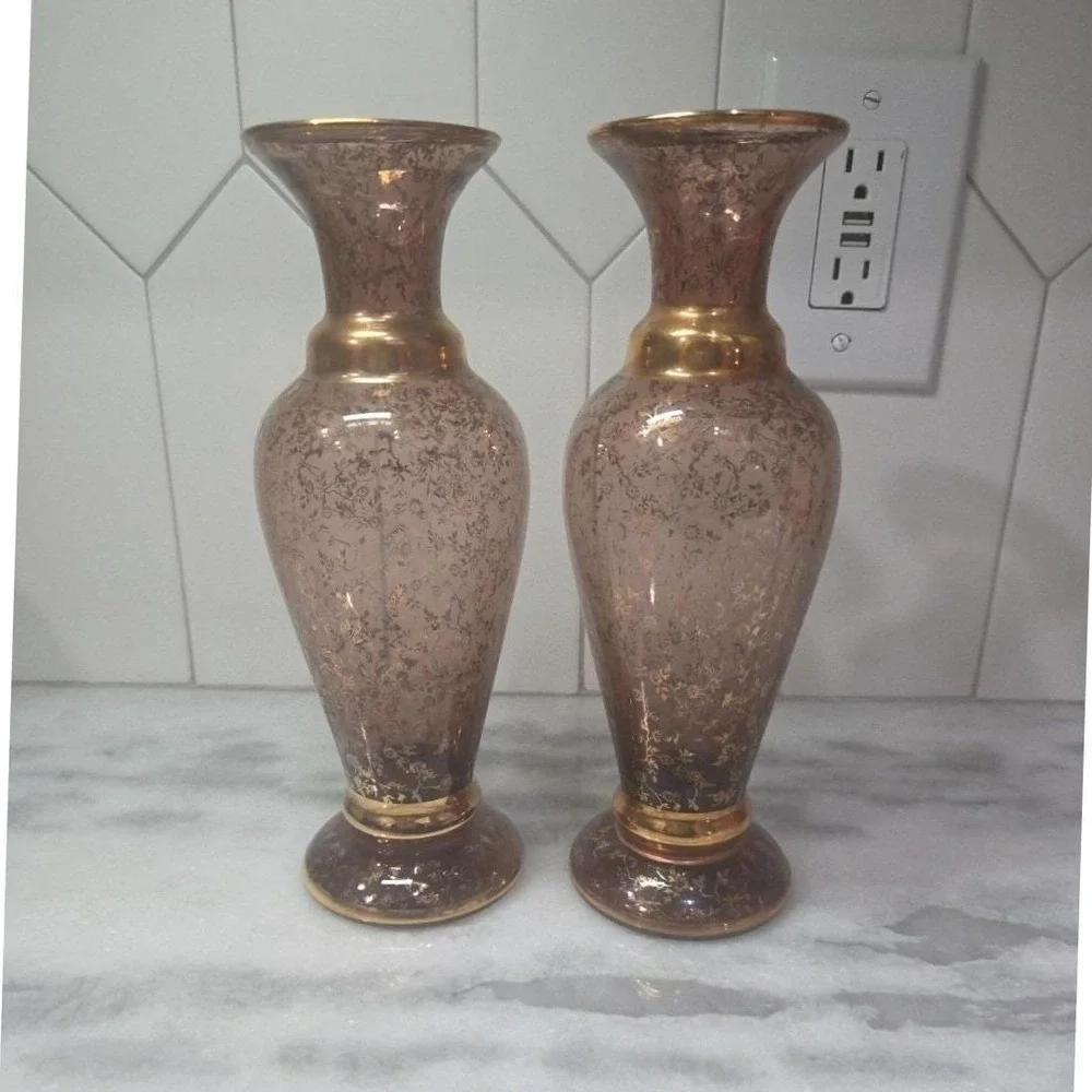 Vecchia Murano Cranberry Gold Vases, Set of 2, Vintage Signed Italian Art Glass‎